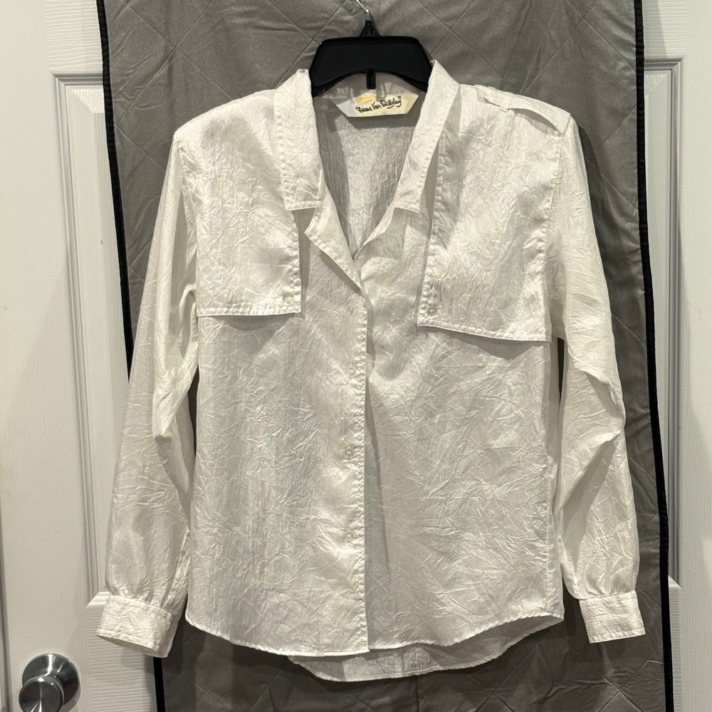 Vintage Diane Von Furstenberg White Crinkle Satin Safari Utility Blouse 6 Y2K